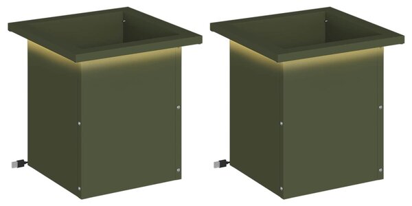 Led-es kerti virágláda 2 db Olajzöld 30 x 30 x 30 cm Acél