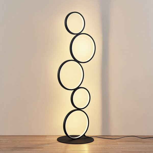 Lindby LED állólámpa Jacek, fekete, fém, 110 cm, gyűrűs, gyűrűk, Fekete, Nappali / Étkező, fém, Modern