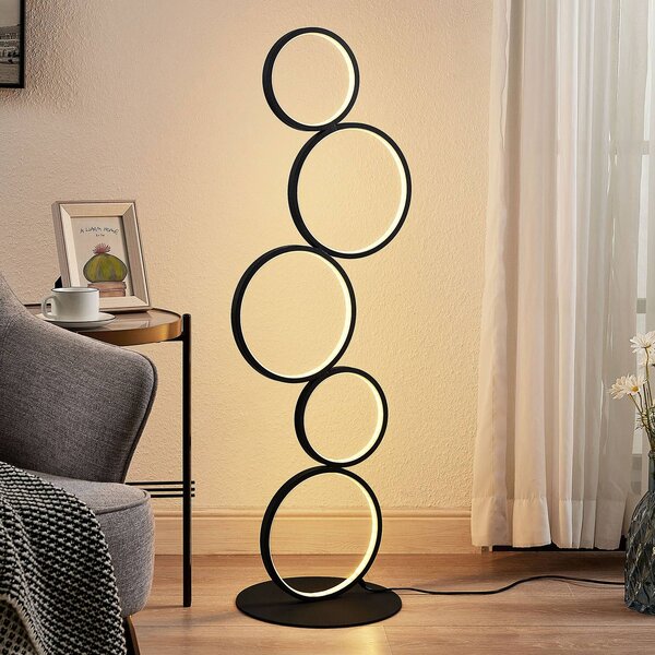 Lindby LED állólámpa Jacek, fekete, fém, 110 cm, gyűrűs, gyűrűk, Fekete, Nappali / Étkező, fém, Modern