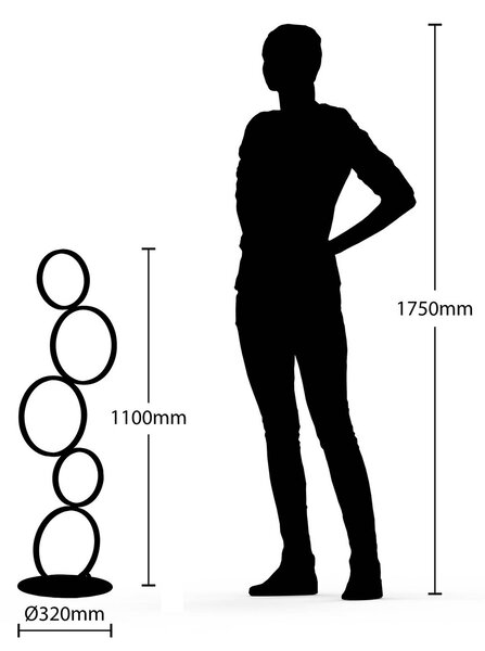 Lindby LED állólámpa Jacek, fekete, fém, 110 cm, gyűrűs, gyűrűk, Fekete, Nappali / Étkező, fém, Modern