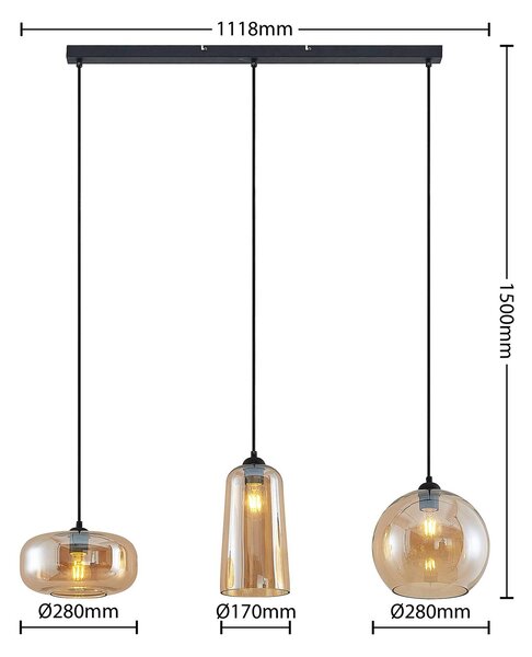 Lucande függőlámpa Wilja, borostyán, üveg, 111 cm, 3-lámpás, E27, dimmelhető, Krém / borostyánsárga, Nappali / Étkező, Üveg, Vintage
