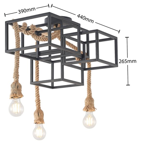 Lucande mennyezeti lámpa Andrik, 44 cm, 3-lámpás, kenderkötél, fém, dimmelhető, Fekete, Nappali / Étkező, fém, Modern