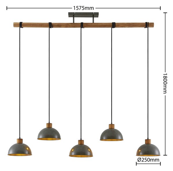 Lindby Durbis lógó lámpa, 149 cm, 5 izzós, gunmetal, fa, dimmelhető, Világos fa, Nappali / Étkező, Fa, Vintage