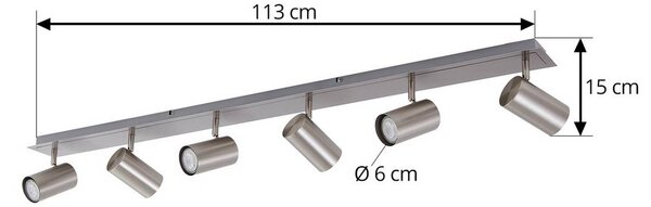 Lindby mennyezeti spotlámpa Joffrey, 116 cm, nikkel, 6 lámpás, GU10, dimmelhető, Alu / szürke / cink, Nappali / Étkező, fém, Modern