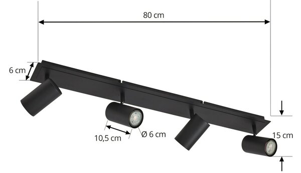 Lindby mennyezeti spotlámpa Joffrey, 80 cm, fekete, 4 lámpás, GU10, dimmelhető, Fekete, Nappali / Étkező, fém, Modern