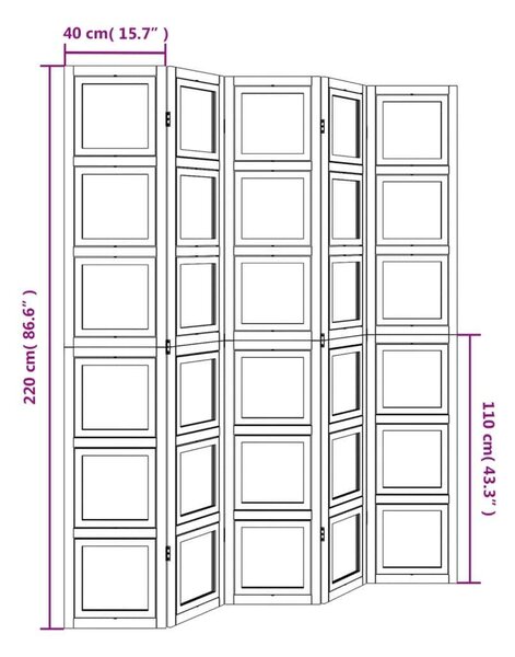 VidaXL 5 Paneles Fehér Tömörfa Paraván - 175-180 x 220 cm