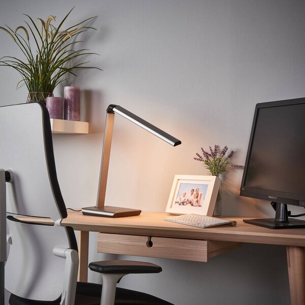 Lindby LED asztali lámpa Kuno, szürke, USB, érintéses dimmerrel, dimmelhető, Alu / szürke / cink, Dolgozószoba / Iroda, Műanyag, Modern