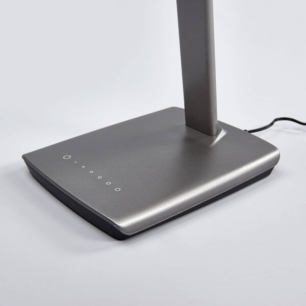 Lindby LED asztali lámpa Kuno, szürke, USB, érintéses dimmerrel, dimmelhető, Alu / szürke / cink, Dolgozószoba / Iroda, Műanyag, Modern