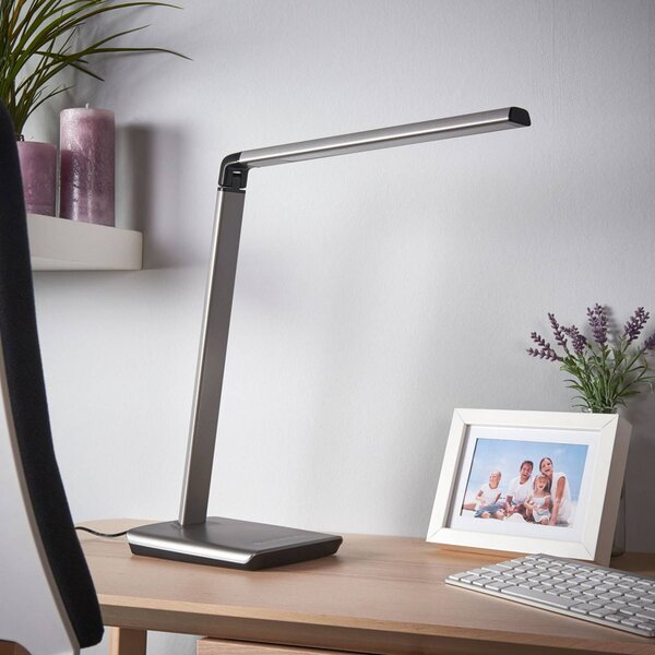 Lindby LED asztali lámpa Kuno, szürke, USB, érintéses dimmerrel, dimmelhető, Alu / szürke / cink, Dolgozószoba / Iroda, Műanyag, Modern
