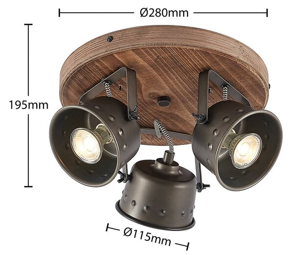 Lindby Rubinjo mennyezeti spotlámpa, Ø 31 cm, 3-as lámpa, fa, GU10, dimmelhető, Sötét fa, Nappali / Étkező, fém, Vintage