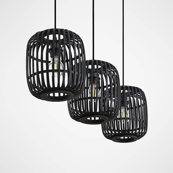 Lindby függőlámpa Canyana, fekete, 3-lámpás, rattan, 105 cm, dimmelhető, Fekete, Nappali / Étkező, Fa, Vidéki otthon / Rusztikus