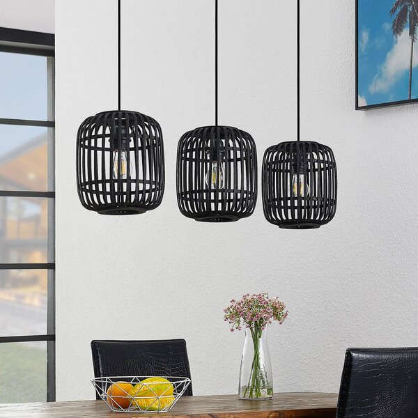 Lindby függőlámpa Canyana, fekete, 3-lámpás, rattan, 105 cm, dimmelhető, Fekete, Nappali / Étkező, Fa, Vidéki otthon / Rusztikus