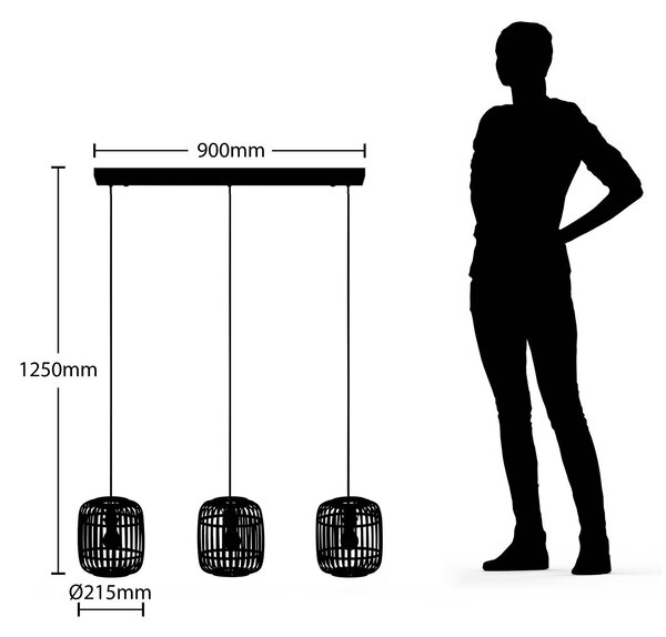 Lindby függőlámpa Canyana, fekete, 3-lámpás, rattan, 105 cm, dimmelhető, Fekete, Nappali / Étkező, Fa, Vidéki otthon / Rusztikus