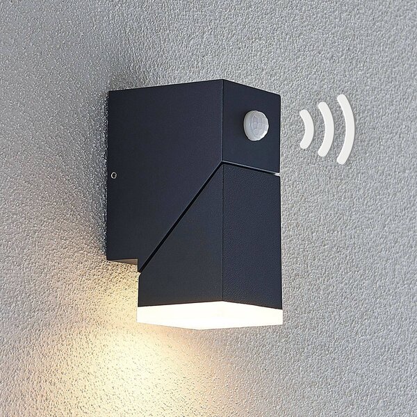 Lindby LED fali lámpa Sally, 15 cm, antracit, IP54, érzékelővel, Fekete, Alumínium, Modern