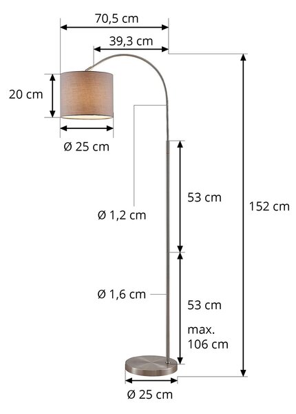 Lindby Keriba álló világítás, nikkel/szürke, szövet, 150 cm, E27, Alu / szürke / cink, Nappali / Étkező, fém, Modern