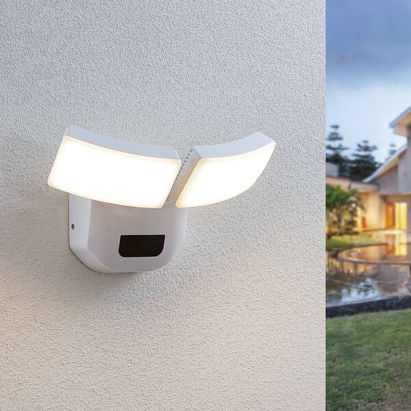 Lindby LED kültéri fali lámpa Nikias, 30 cm, szenzoros, 2-lámpás, fehér, Fehér / opál, Alumínium, Modern