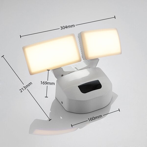 Lindby LED kültéri fali lámpa Nikias, 30 cm, szenzoros, 2-lámpás, fehér, Fehér / opál, Alumínium, Modern