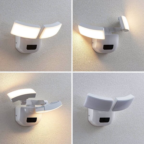 Lindby LED kültéri fali lámpa Nikias, 30 cm, szenzoros, 2-lámpás, fehér, Fehér / opál, Alumínium, Modern