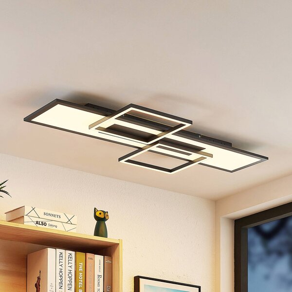 Lucande LED-es mennyezeti lámpa Narumi, CCT, 110cm, fekete, alumínium, dimmelhető, Fekete, Nappali / Étkező, fém, Modern