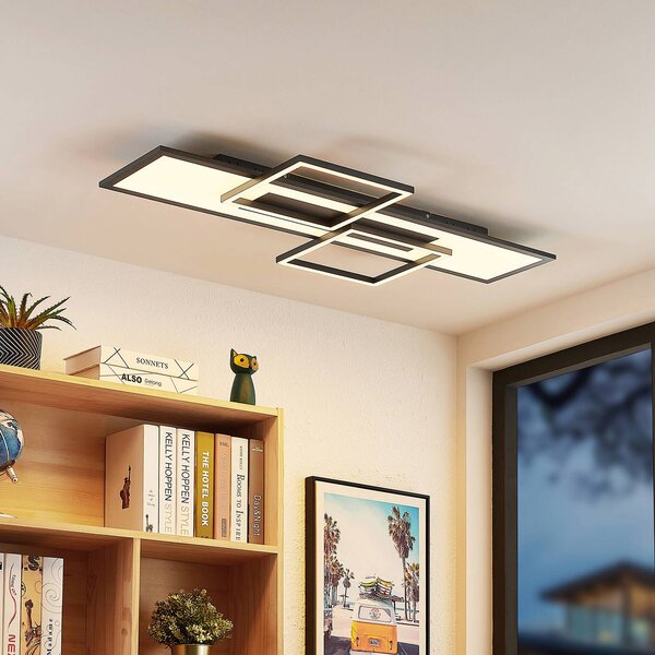 Lucande LED-es mennyezeti lámpa Narumi, CCT, 110cm, fekete, alumínium, dimmelhető, Fekete, Nappali / Étkező, fém, Modern