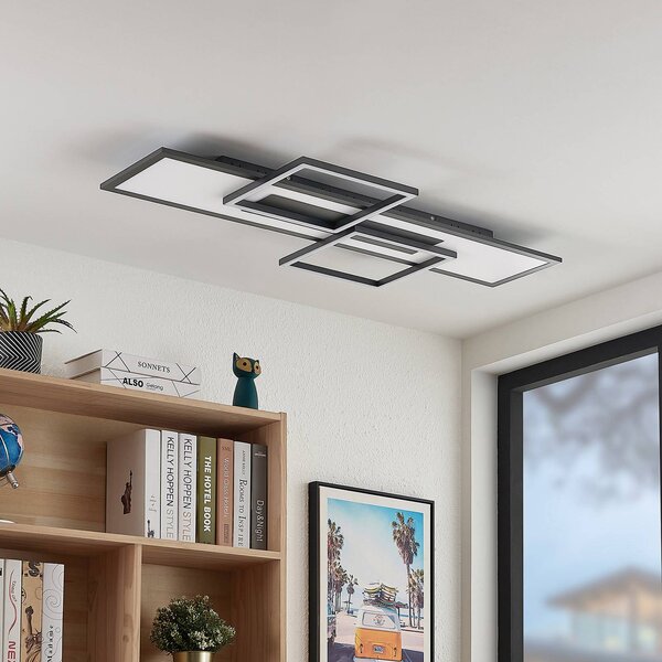 Lucande LED-es mennyezeti lámpa Narumi, CCT, 110cm, fekete, alumínium, dimmelhető, Fekete, Nappali / Étkező, fém, Modern