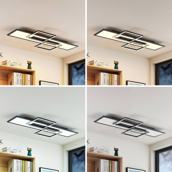 Lucande LED-es mennyezeti lámpa Narumi, CCT, 110cm, fekete, alumínium, dimmelhető, Fekete, Nappali / Étkező, fém, Modern