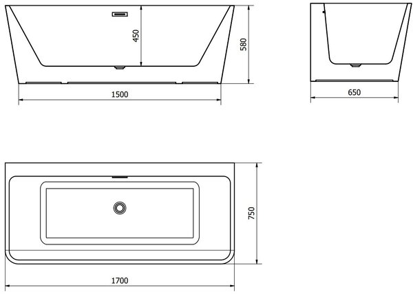 Luxury Volta szabadon álló fürdökád akril falhoz tolható 170 x 75 cm, fehér/fekete, leeresztö króm - 51131707575 Térben álló kád