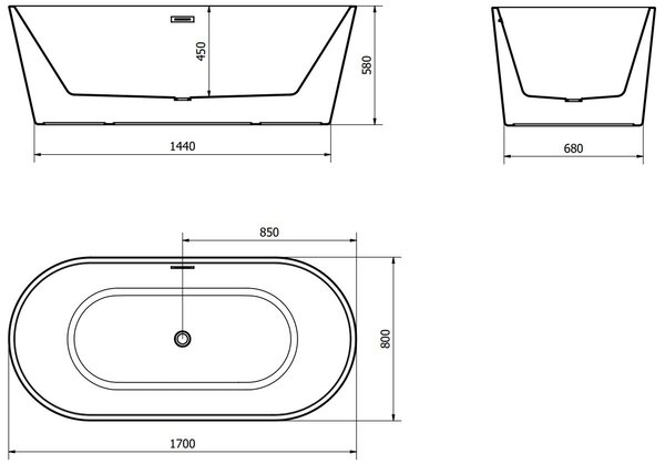 Luxury Luna szabadon álló fürdökád akril 170 x 80 cm, fehér/fekete, leeresztö arany - 52031708075-G Térben álló kád