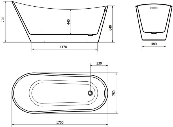 Luxury Alta szabadon álló fürdökád akril 170 x 75 cm, fehér/fekete, leeresztö arany - 52141707575-G Térben álló kád