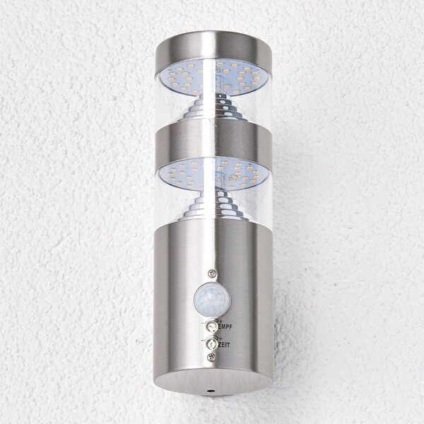 Lindby LED kültéri fali világítás Lanea, 22 cm, rozsdamentes acél, érzékelő, Alu / szürke / cink, Rozsdamentes acél, Modern