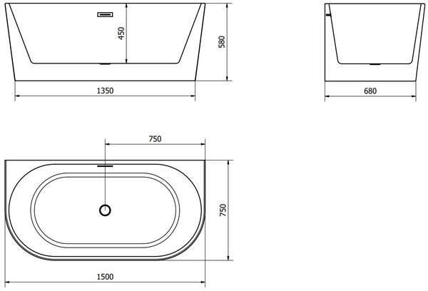 Luxury Oval szabadon álló fürdökád akril falhoz tolható 150 x 75 cm, fehér - 52671507500 Térben álló kád