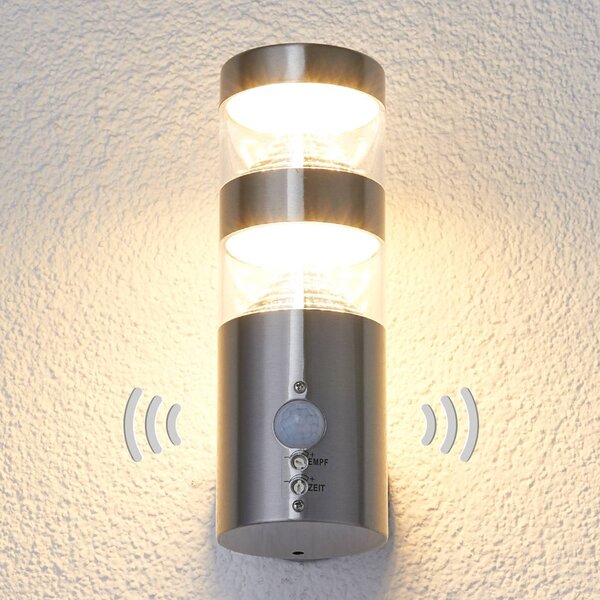 Lindby LED kültéri fali világítás Lanea, 22 cm, rozsdamentes acél, érzékelő, Alu / szürke / cink, Rozsdamentes acél, Modern