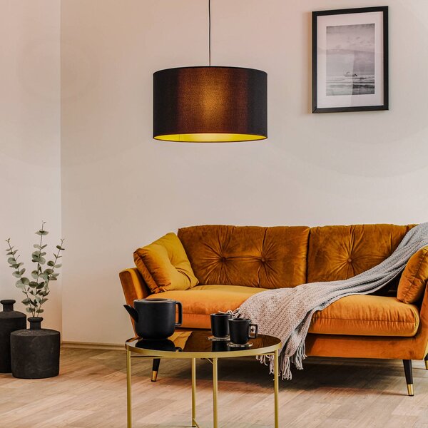 Euluna Roller lógó lámpa, fekete/arany, Ø 45 cm, dimmelhető, Fekete, Nappali / Étkező, Textil / szövet / selyem, Modern