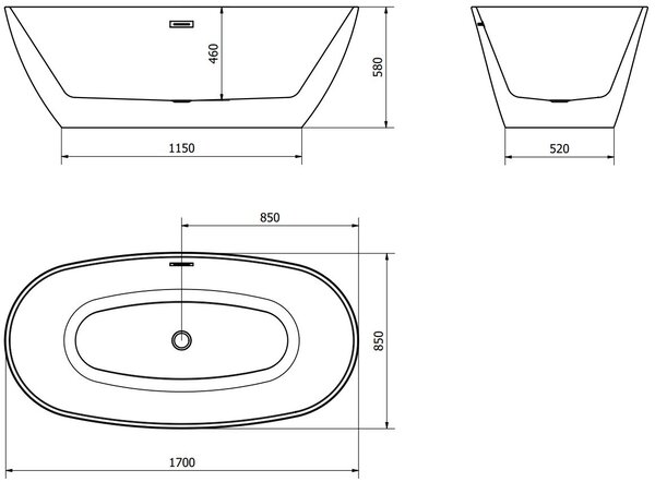 Luxury Eris szabadon álló fürdökád akril 170 x 85 cm, fekete, leeresztö fekete - 53441708570-B Térben álló kád