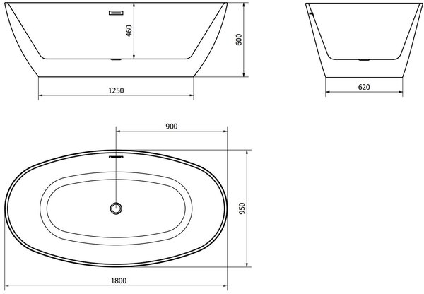 Luxury Eris szabadon álló fürdökád akril 180 x 95 cm, fehér/fekete, leeresztö króm - 53441809575 Térben álló kád