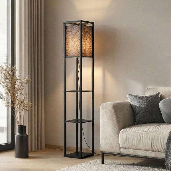 Lindby Birta álló világítás, fekete, polc, fa, 159 cm, Fekete, Nappali / Étkező, Fa, Modern