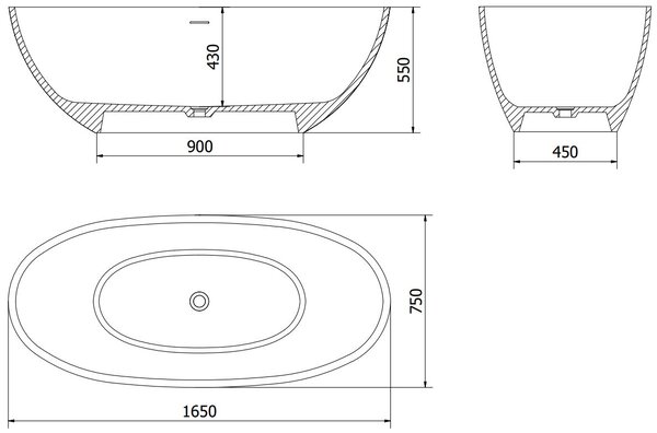 Luxury Bari szabadon álló fürdökád öntött márvány 165 x 75 cm, fehér mat - 57221657500 Térben álló kád