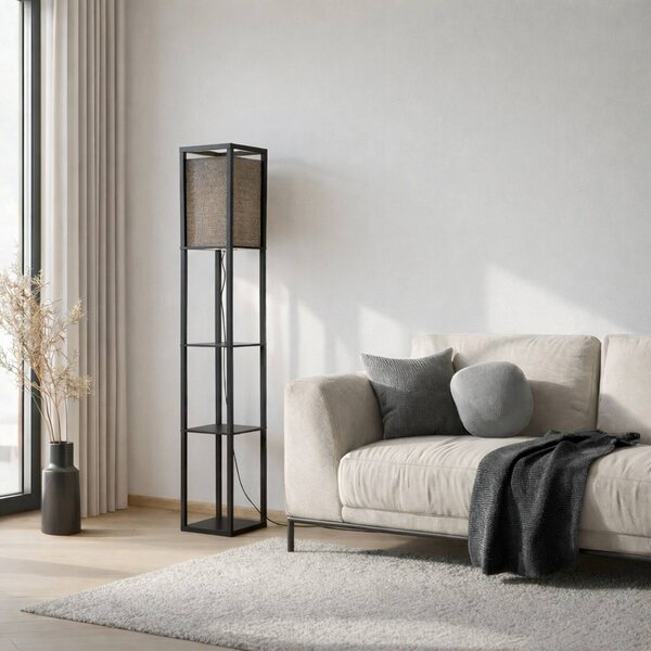 Lindby Birta álló világítás, fekete, polc, fa, 159 cm, Fekete, Nappali / Étkező, Fa, Modern
