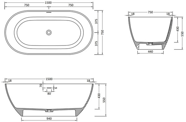 Luxury Rimini szabadon álló fürdökád öntött márvány 150 x 75 cm, fekete mat - 57241507570 Térben álló kád
