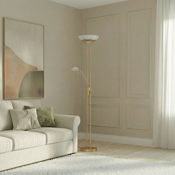 Lindby LED állólámpa Yveta, sárgaréz, fém, fényerőszabályzó, 183cm, dimmelhető, Sárgaréz / arany, Nappali / Étkező, fém, Modern