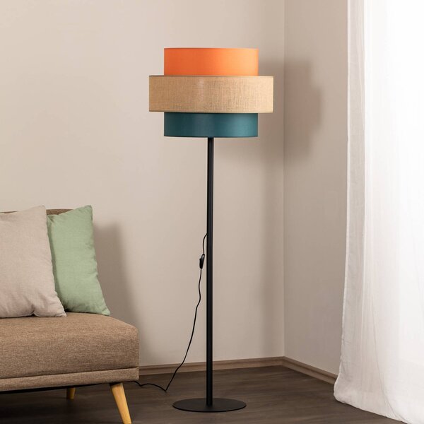 TK Lighting Trio állólámpa, juta ernyő, narancs/természetes barna/petrol, Többszínű, Nappali / Étkező, Textil / szövet / selyem