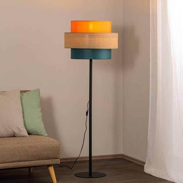 TK Lighting Trio állólámpa, juta ernyő, narancs/természetes barna/petrol, Többszínű, Nappali / Étkező, Textil / szövet / selyem