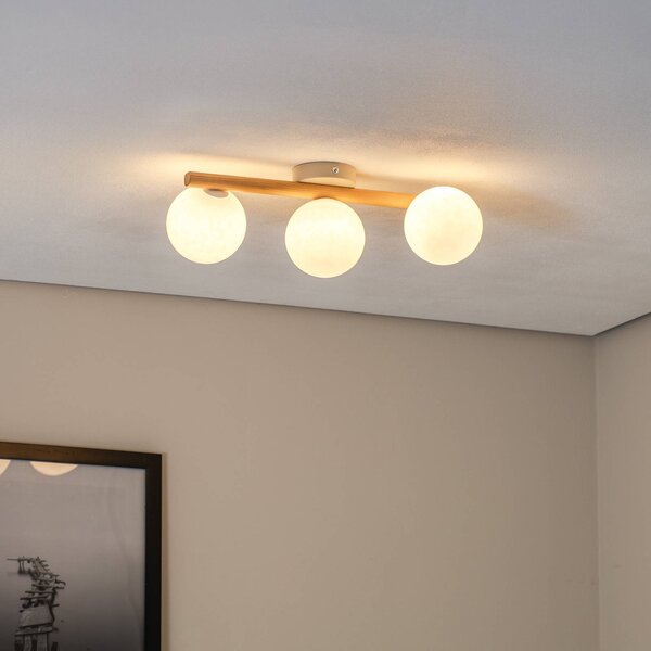 TK Lighting Estera mennyezeti lámpa, opálüveg, fa, háromlángos, dimmelhető, Világos fa, Nappali / Étkező, Üveg