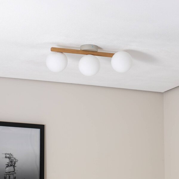 TK Lighting Estera mennyezeti lámpa, opálüveg, fa, háromlángos, dimmelhető, Világos fa, Nappali / Étkező, Üveg