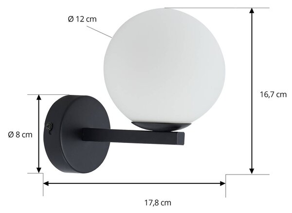 Lucande fali lámpa Bidolo, fekete, üveg, Ø 12 cm, IP44, dimmelhető, Fekete, Fürdőszoba, fém