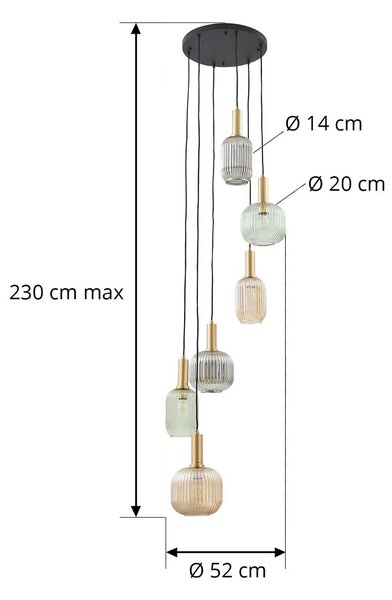 Lindby függőlámpa Doroteo, 6 lámpás, zöld/borostyán/szürke, üveg, dimmelhető, Alu / szürke / cink, Nappali / Étkező, Üveg, Vintage