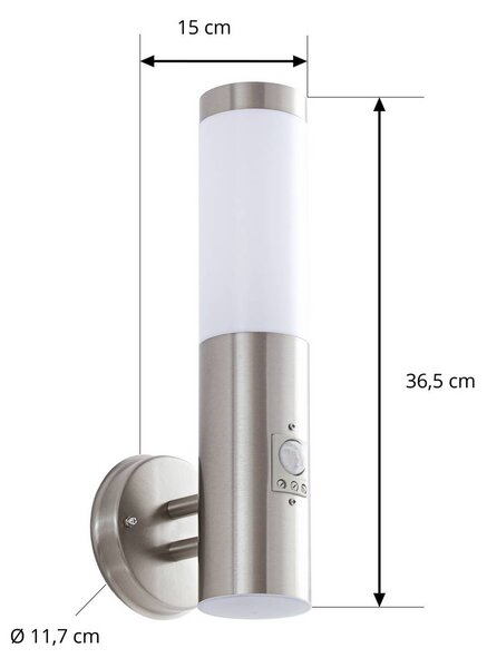 Lindby kültéri fali lámpa Kristof, mozgásérzékelő, 33 cm, E27, Alu / szürke / cink, Rozsdamentes acél, Modern