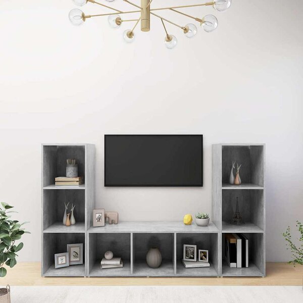 3 db betonszürke szerelt fa TV-szekrény 107 x 35 x 37 cm