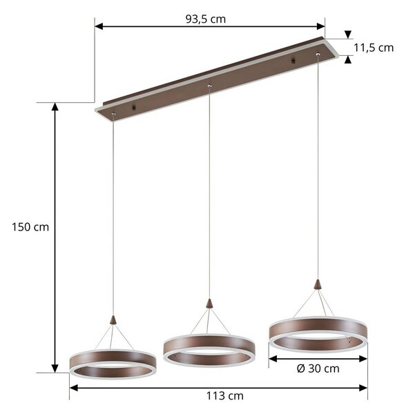 Lucande LED lógó lámpa Kolo, 114 cm, 3 izzós, barna, dimmelhető, dimmelhető, Barna / rozsda, Nappali / Étkező, Modern