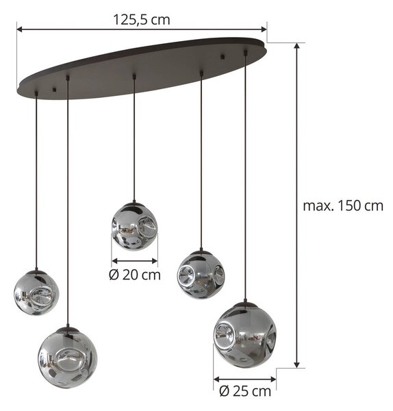 Lindby Valentina függőlámpa, E27, 125,5cm magas, szürke, üveg, dimmelhető, Alu / szürke / cink, Nappali / Étkező, Üveg, Dizájn